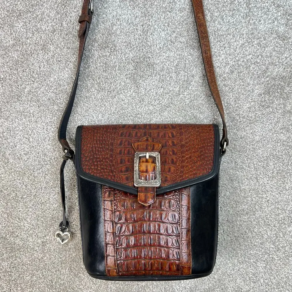 Vintage Brighton Black Leather Croc Embossed Buckle Crossbody Purse Bucket Bag